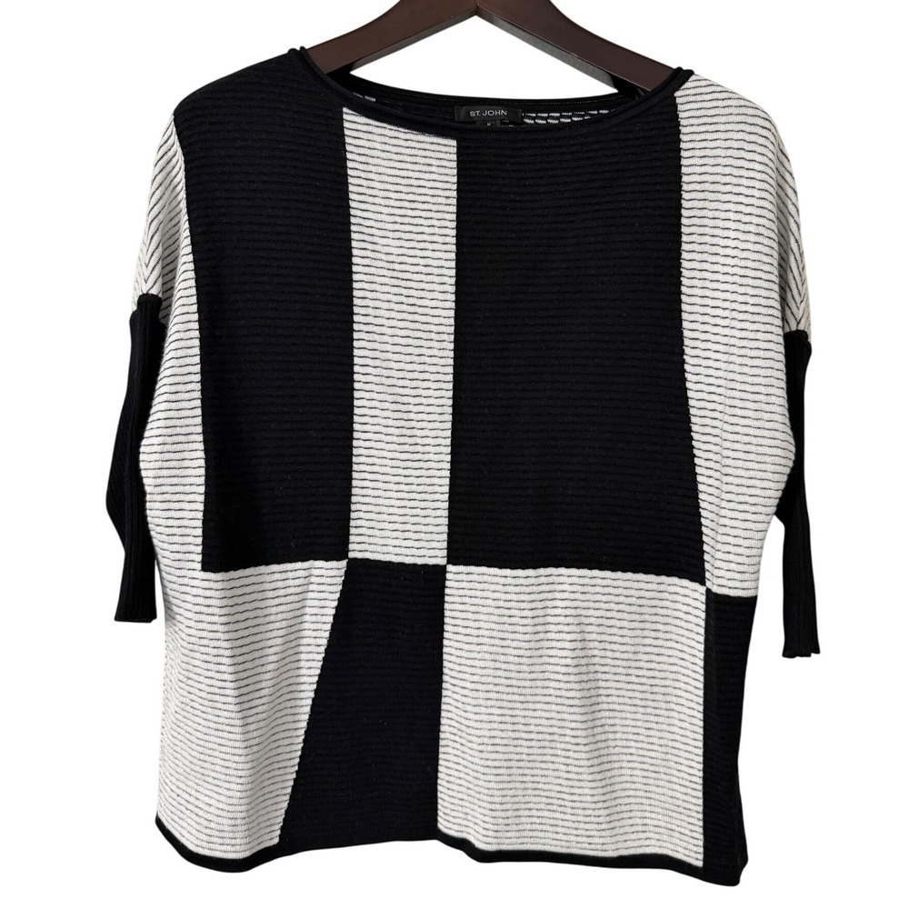 St. John Black and White Block Stripe Scoop Neck Sweater